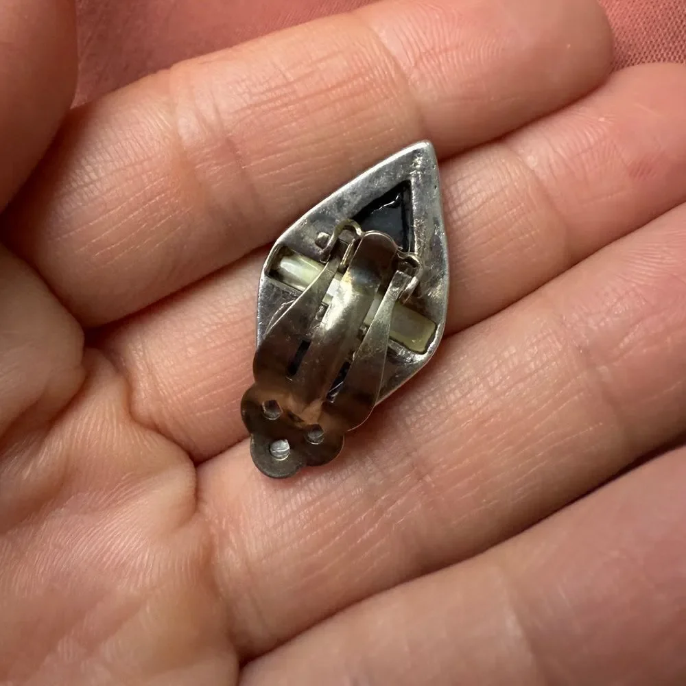 Vintage Art Deco Sterling silver Onyx Mother of Pearl and Marcasite Clip-on Earr
